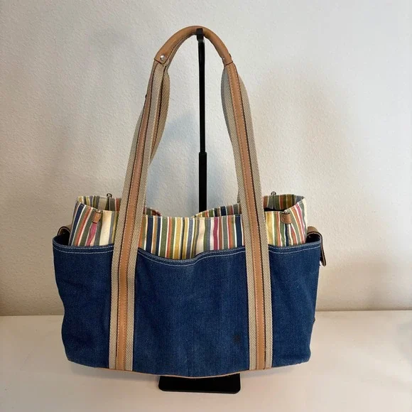 Rosetti 2000s Denim Tote Bag Blue Cotton Striped Canvas Shoulder Bag Vinyl Trim - Picture 2 of 9